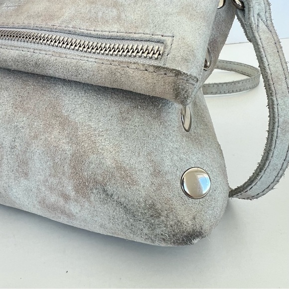 HAMMITT VIP Gray w Pewter Silver Suede Distressed Flap Strap Medium Crossbody - Picture 14 of 16
